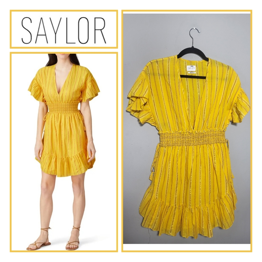 SAYLOR Adrianne Dress size Medium Gold Feminine Flutter Sleeves